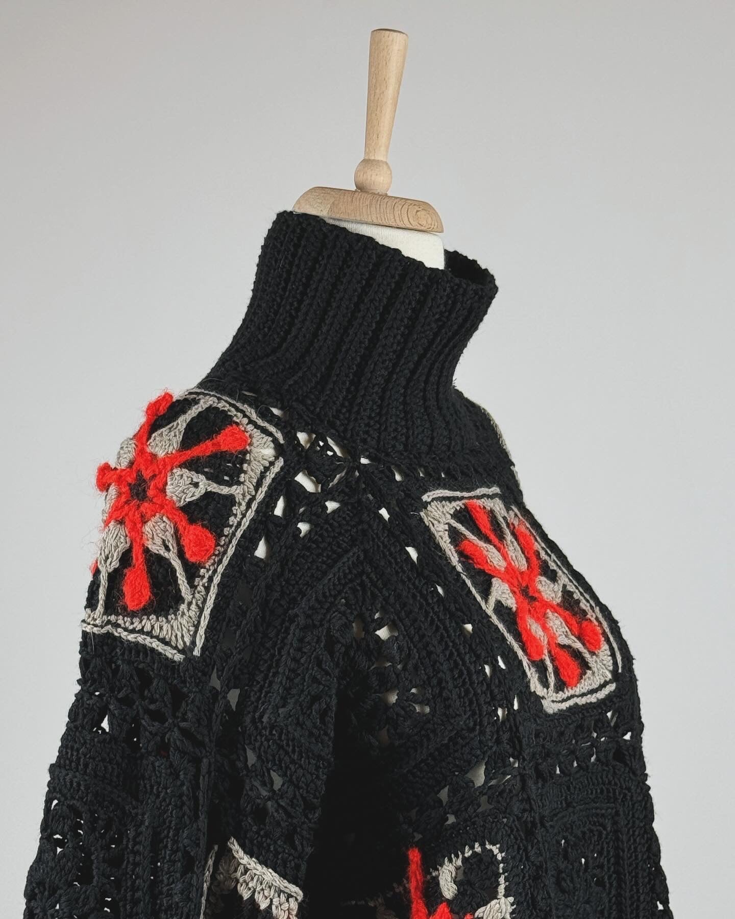 Black Turtleneck Sweater, Knitted Turtleneck Sweater, Granny Square Pullover, Black Crochet Sweater, Boho Crochet Tops