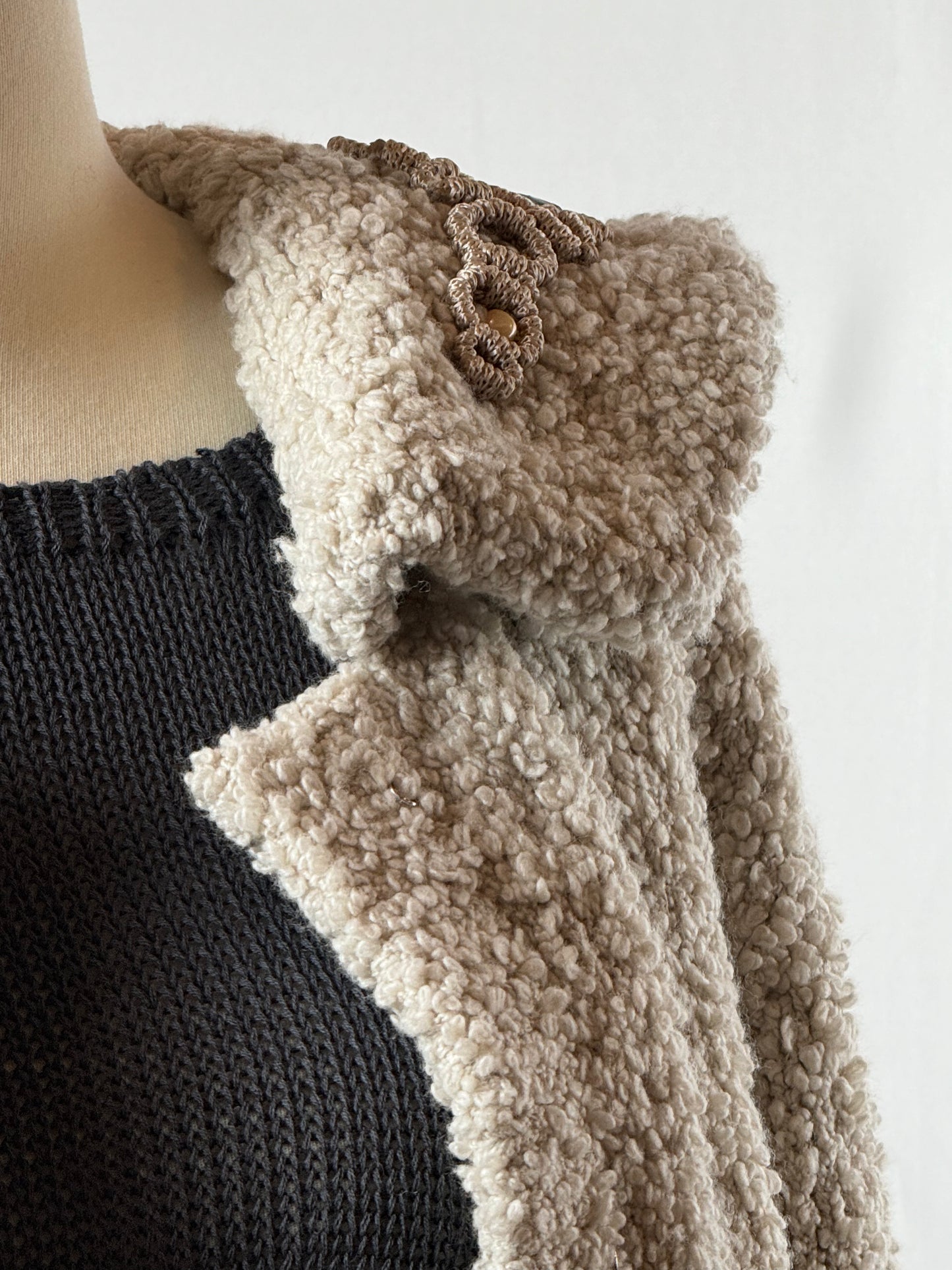 Boucle jacket with macrame details, pearls, onyx and natural stones embroidery