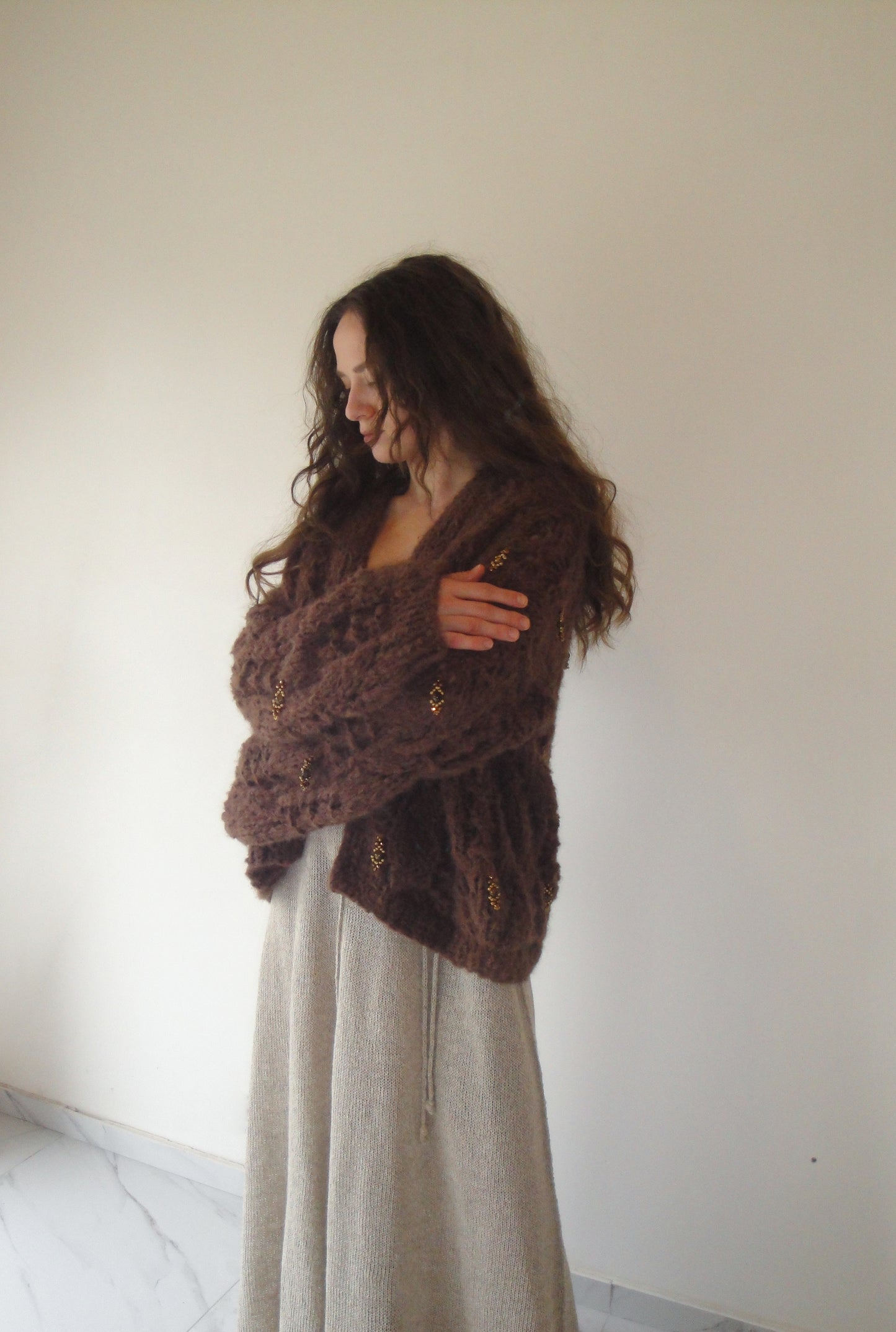 Handknit Cardigan with natural stones