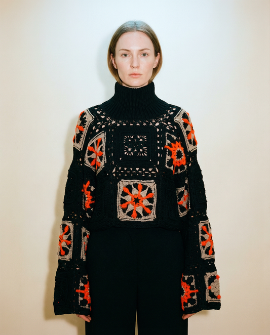 Black Turtleneck Sweater, Knitted Turtleneck Sweater, Granny Square Pullover, Black Crochet Sweater, Boho Crochet Tops